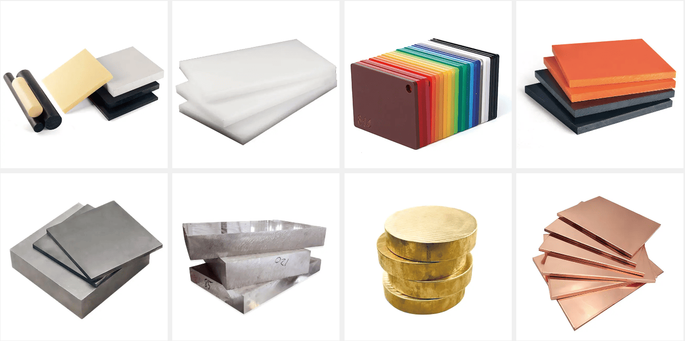 CNC Materials Plastics : ABS, PP, PMMA(Acrylic), PC, POM(Delrin), PBT, Nylon(PA), PU, RESIN,PEEK,PE,PTFE(Teflon),G-10(FR-4), PVC,EVA,EPS, Ultum 1000( AMBER PEI ) Metals: Stainless Steel, Steel, Aluminium, Brass, Copper, Iron,Magnesium,Tool steel,Alloy Steel Vật liệu CNC Nhựa: ABS, PP, PMMA(Acrylic), PC, POM(Delrin), PBT, Nylon(PA), PU, RESIN,PEEK,PE,PTFE(Teflon),G-10(FR-4), PVC,EVA,EPS, Ultum 1000(AMBER PEI ) Kim loại: Thép không gỉ, Thép, Nhôm, Đồng thau, Đồng, Sắt, Magiê, Thép công cụ, Thép hợp kim